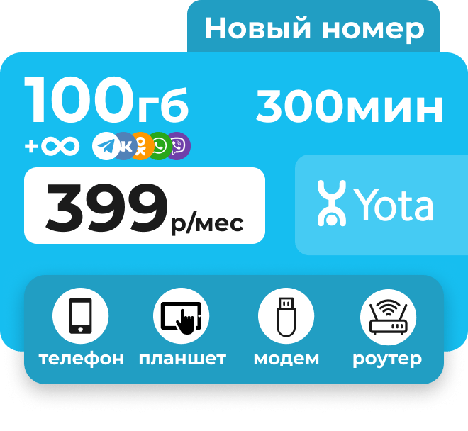 Сим-карта Йота для любых устройств. Пакет интернета 100 Гб и 399 минут за 399 руб/мес.