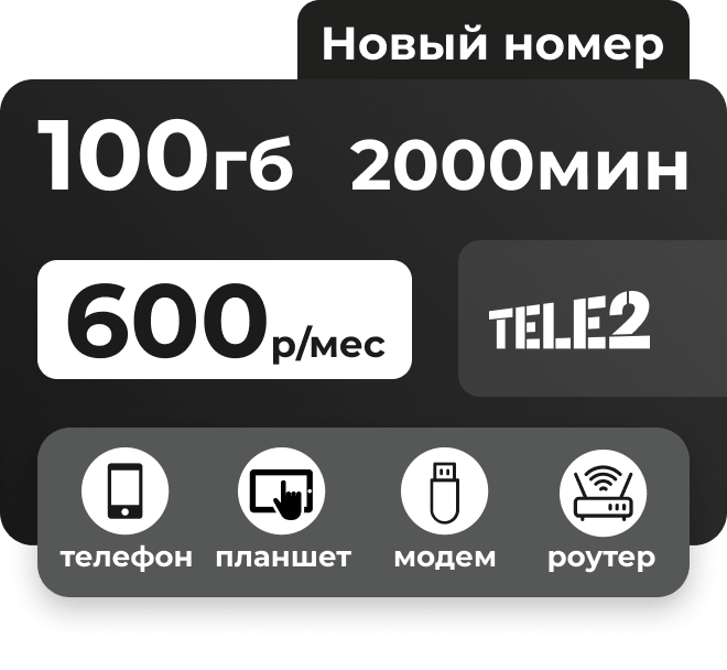Сим-карта Теле2 с пакетами 100 Гб и 2000 минут по России за 600 руб/мес