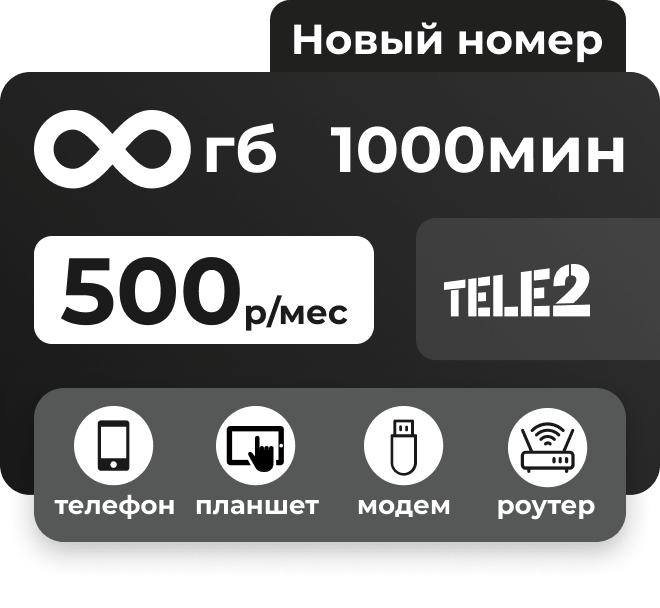 Сим-карта Теле2 с безлимитным интернетом и пакетом минут за 500 руб/мес.