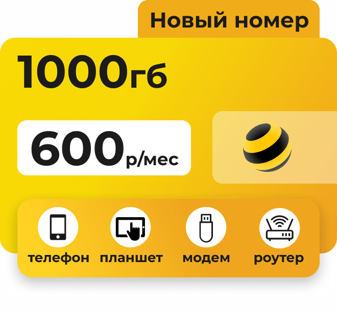 Симкарта Билайн с пакетом 1000 Гб за 650 рублей в месяц для любых устройств.