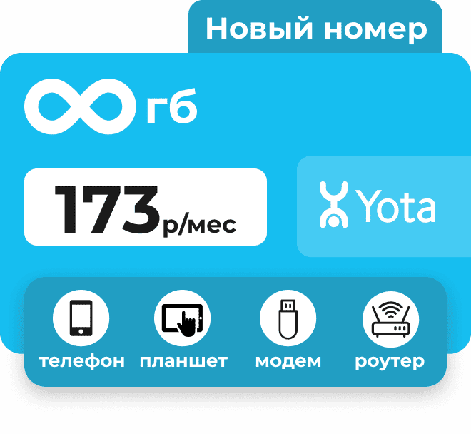 Сим-карта Йота с безлимитными интернетом за 173 руб/мес. Для модема, роутера, планшета и телефона.